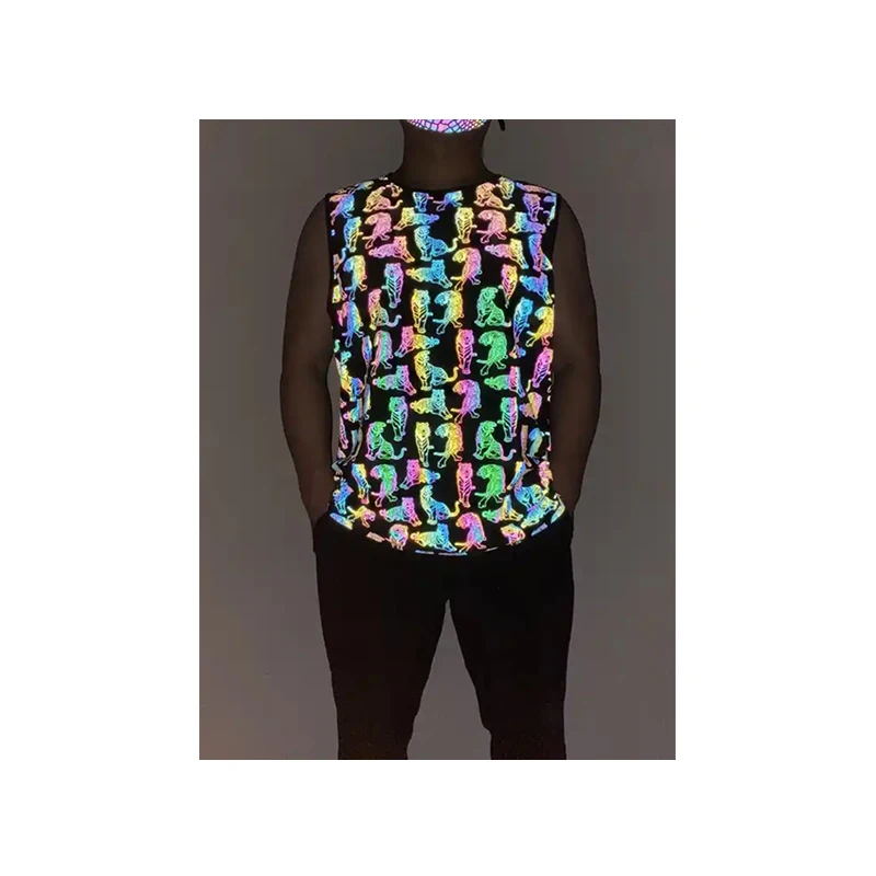 Men Stylish Designer Hi Viz rainbow Reflective tiger Pattern Printed Rave Festival Party Wear Clothing Sleeveless t Shirt Vest