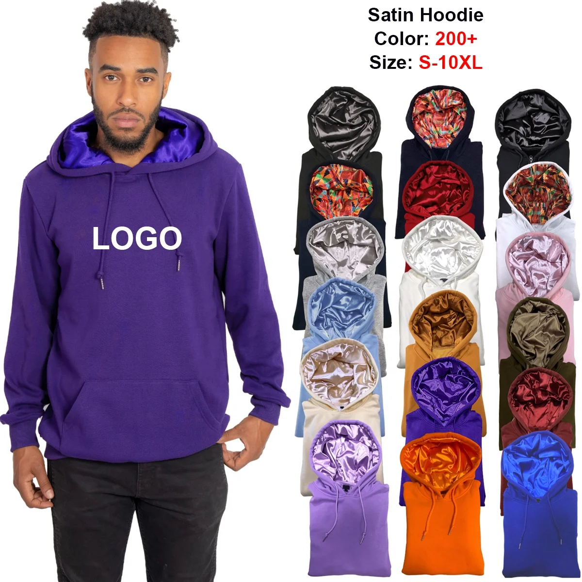 Luxury Cotton Polyester Hooded Oversized Men Pullover Hood Sweatshirt Women Fleece Custom Silk Satin lined hoodie with silk hood
