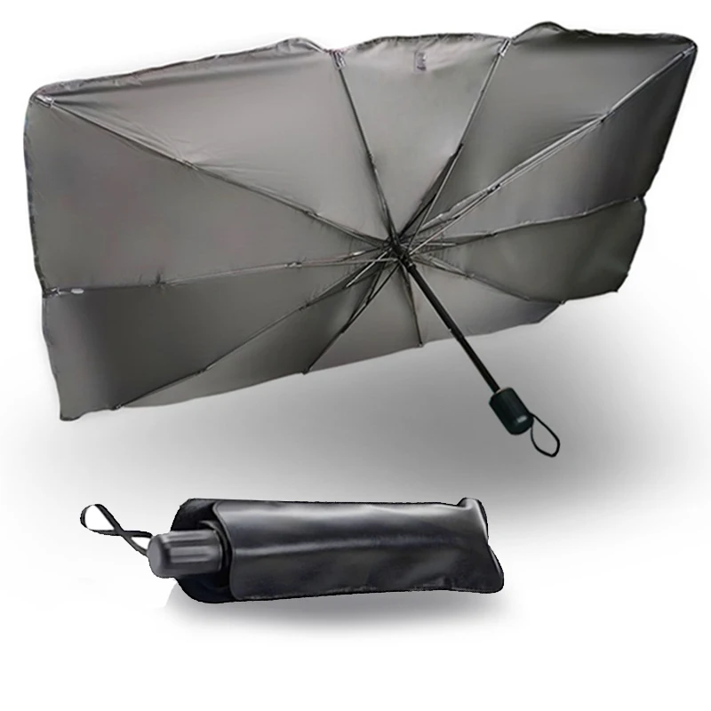 Custom 190T titanium silver cloth folding umbrella type car sunshade to Blocking  UV light Car umbrella for car front windscreen