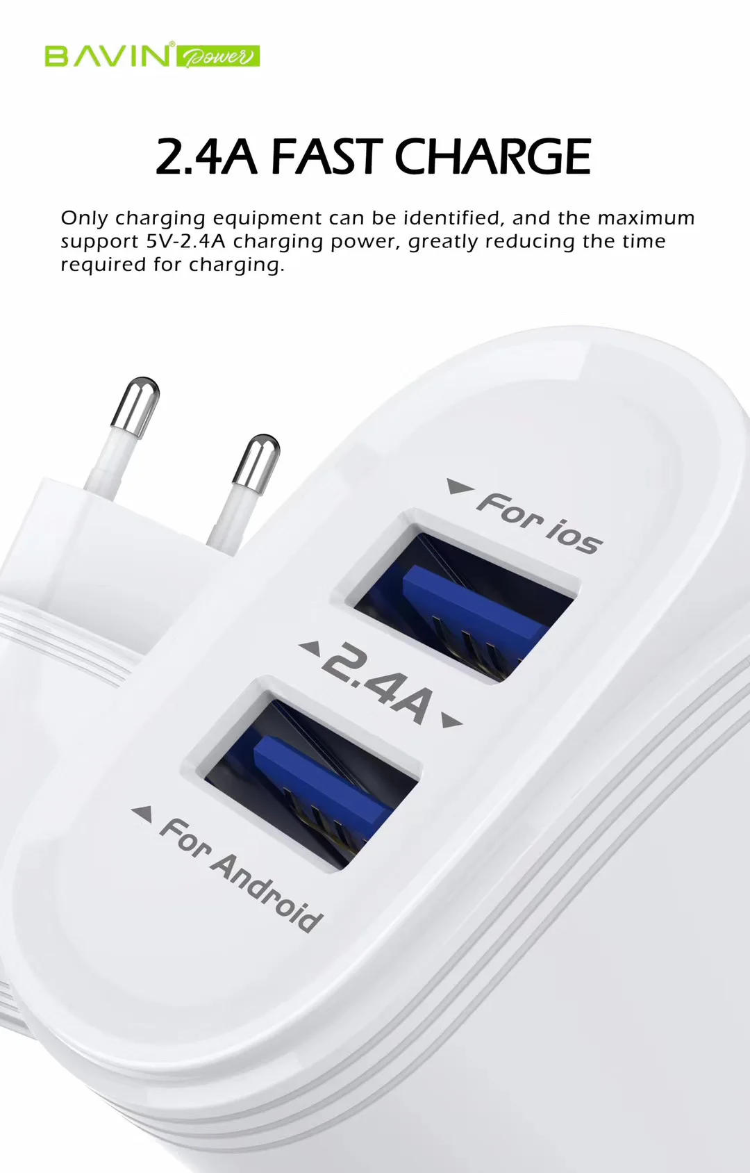 BAVIN PC391Y Factory Hot Selling Quick fast charing dual usb with cable wall phone charger for Samsung galaxy S8 S9