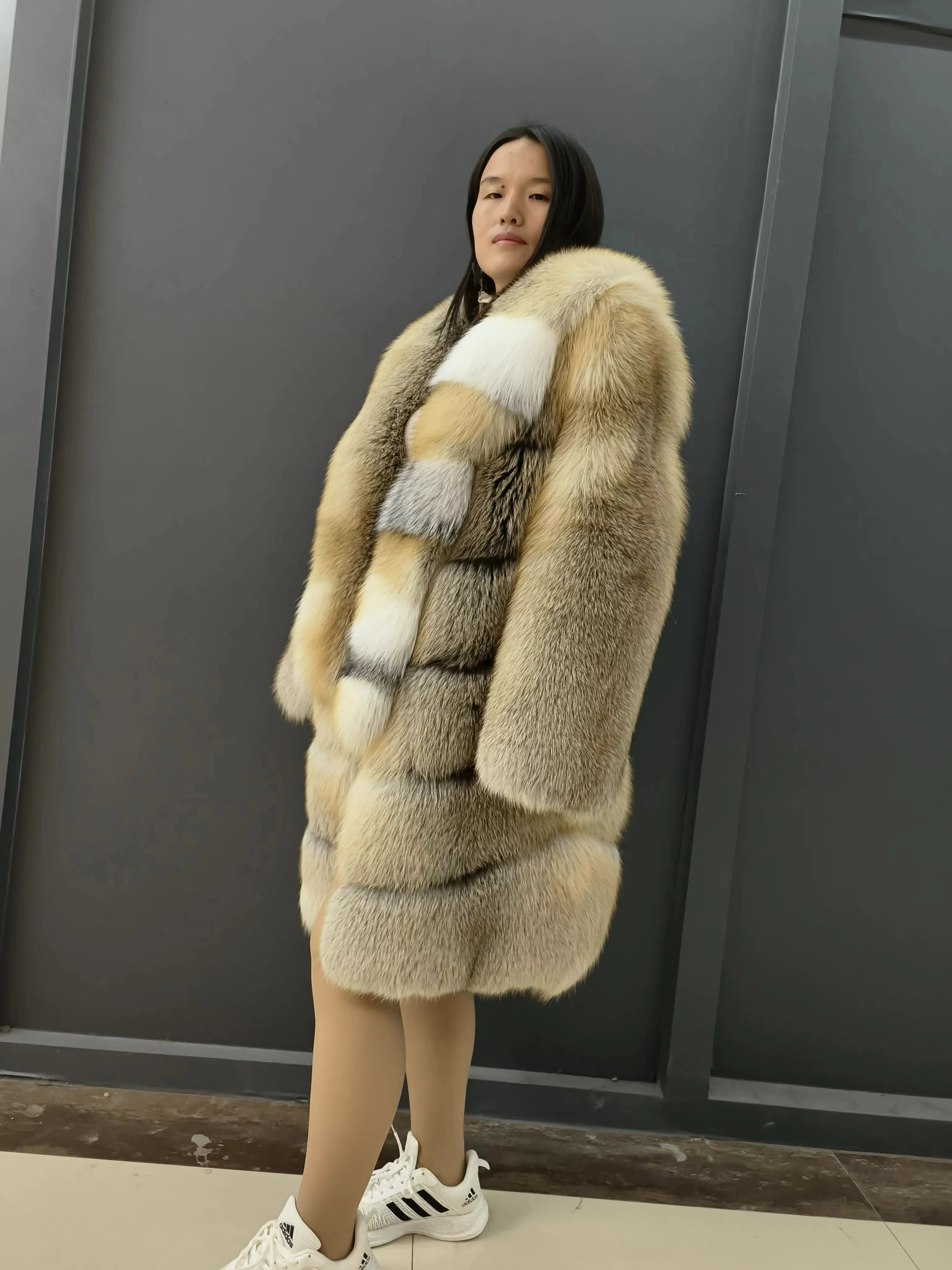 New Style Custom Gold Island Fox Fur Women Coat Wholesale Natural Red Fox Fur Coat With Big Fur Collar