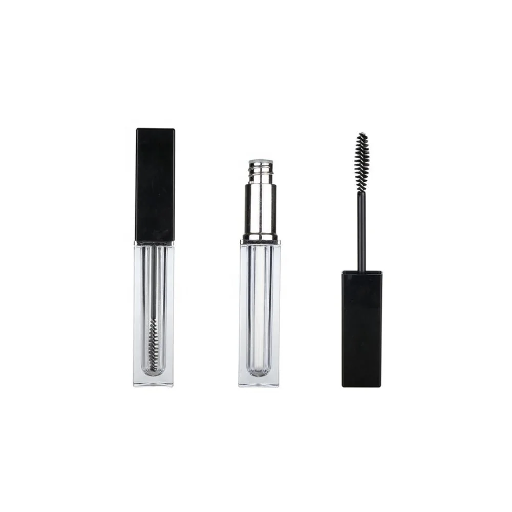 Manufacturer 6ml Square Transparent Mascara Container Packaging Empty Brush Wand Tube Clear Mascara Bottle Black Lid Silver Logo