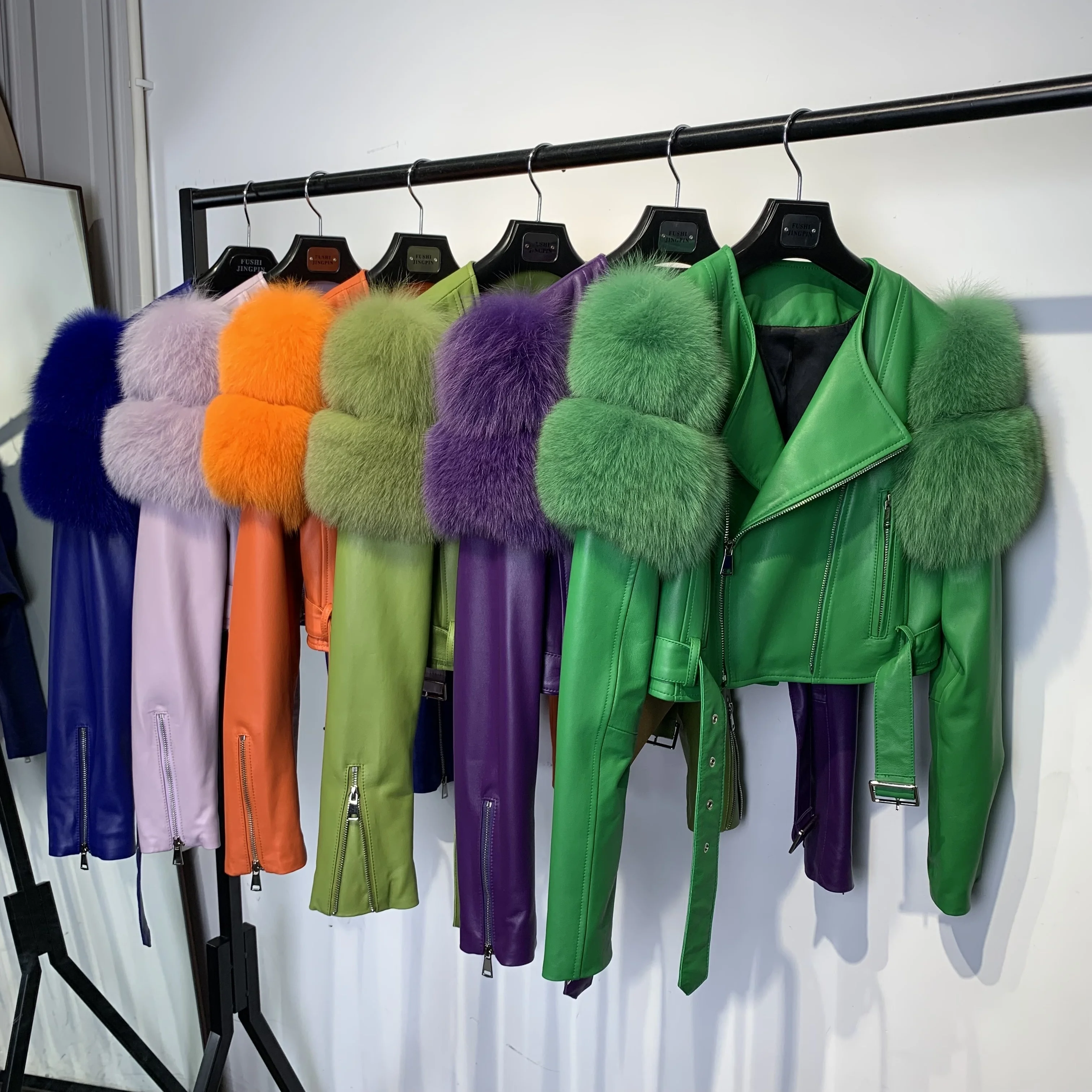 Fur Leather Jacket 2023 Ladies Genuine Leather Jacket with Fur Sleeve Decorate