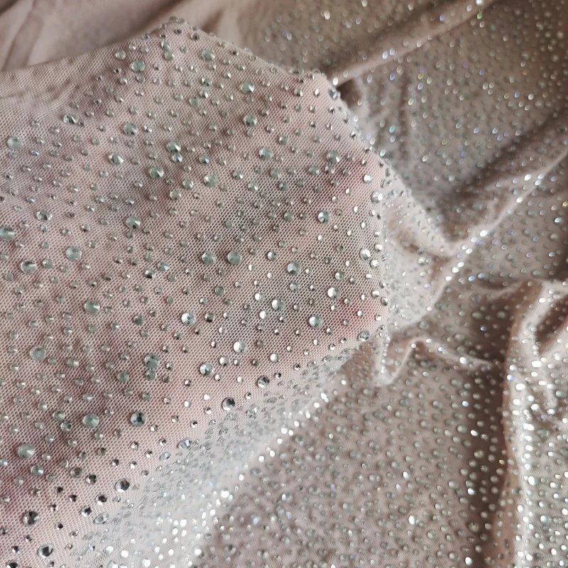 Popular Basic Style White Crystal Nude Elastic Mesh Fabric with Different Sizes of Rhinestones