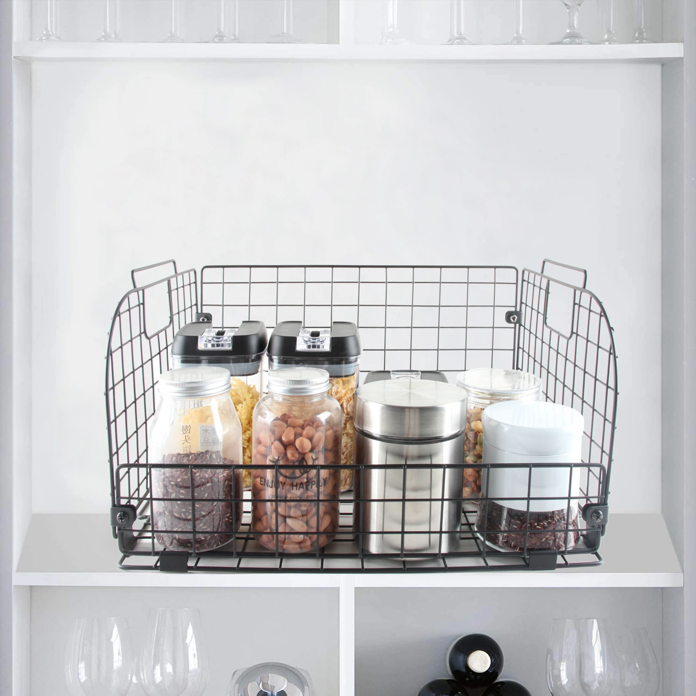 Foldable Metal Stacking Open Front Vegetable Collapsible Stackable Black Iron Wire Fruit Storage Basket