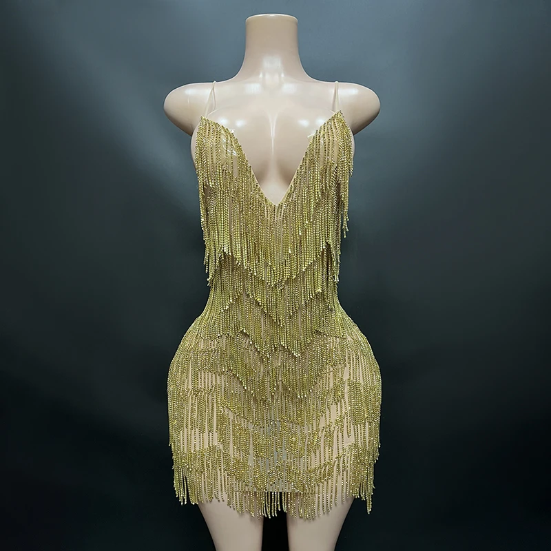 Wholesale Suppliers V Neck Sleeveless Gold Dresses Women Party Club Prom Mini Dress Sexy Women with Tassel