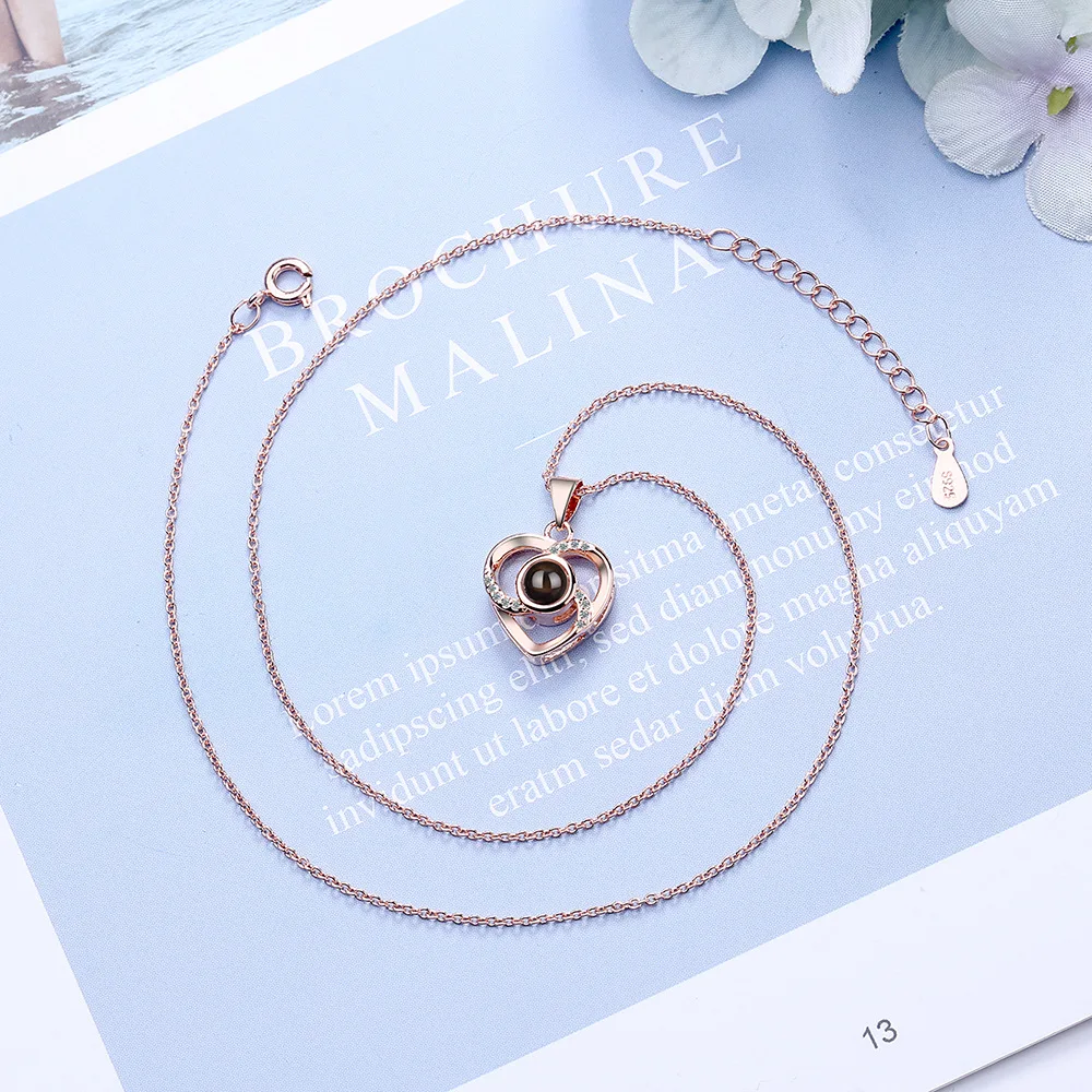 Gold Plated Stainless Steel Jewelry Fashionable I Love You 100 language Custom Photo Projection Heart Pendant Necklace For Women