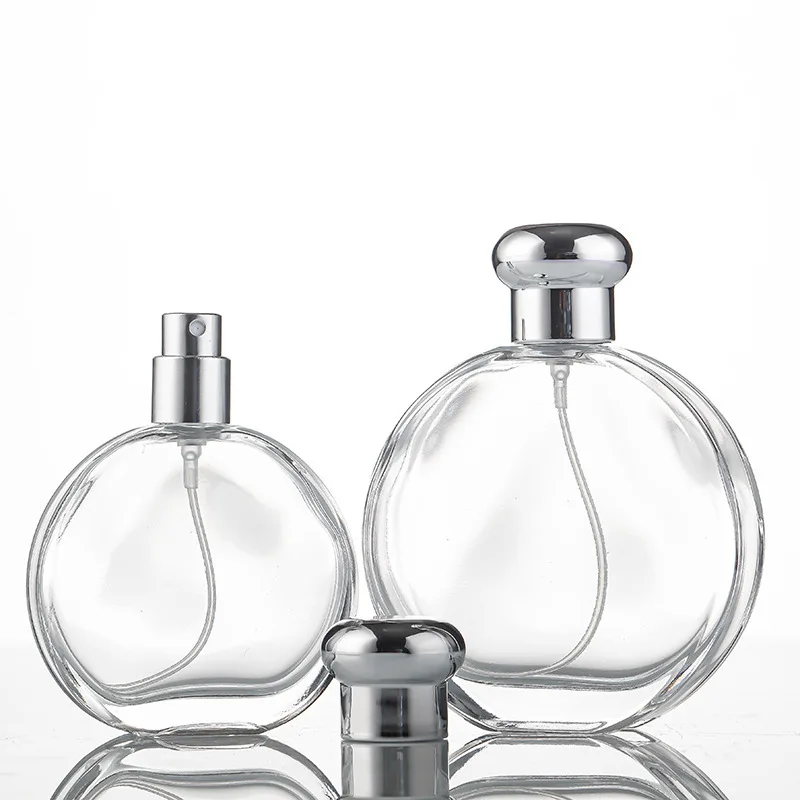 Transparent Flat Round Perfume Bottle 50ml 100ml Crimp Fragrance Glass Bottle with Atomizer