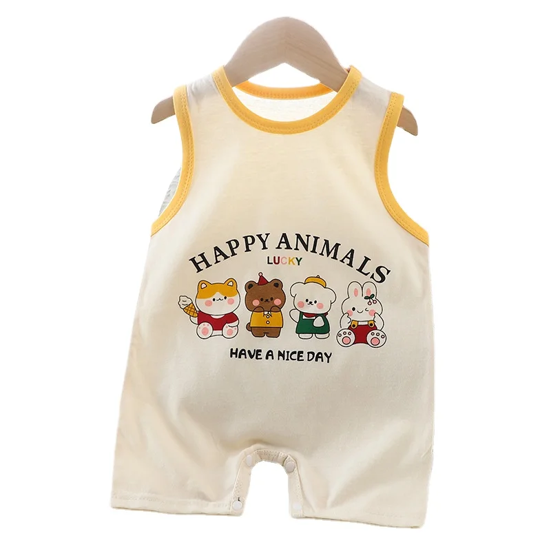 0-1Hot Sell Summer Baby Korean Version Fashion Romper Baby Cartoon Print Cute Cotton Romper Baby Sleeveless Button Thin Jumpsuit