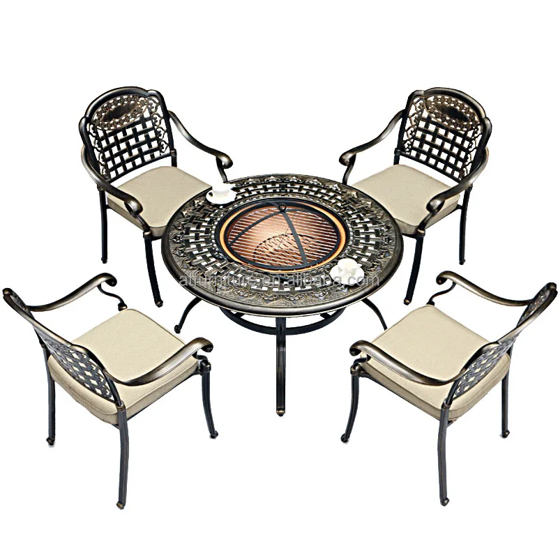 Luxury 4-person 42' Round Outdoor Fire Pit Bbq Table Used Charcoal Cast Aluminum Dining Set Garden Tables And Chairs