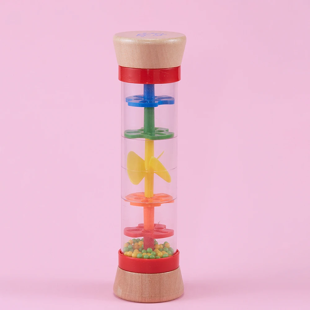 Non-Toxic Wooden Rain Drum & Rainbow Sticks Soothing Rattle Toy Music Box Simulating the Sound of Rain Percussion Instruments