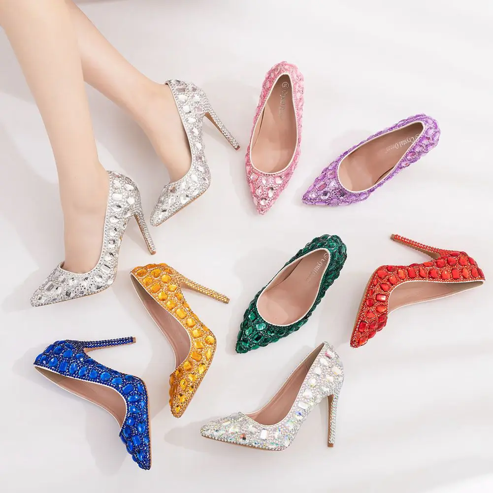 Crystal Queen Women High Heels Evening Party Glittering Wedding Shoes Pointed Toe Custom Luxury Silver Rhinestone Pumps