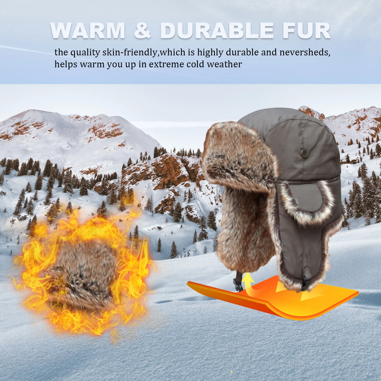 FUR WINTER Faux Fur Russian Ushanka Hat Winter Outdoor Trooper Ski Hat