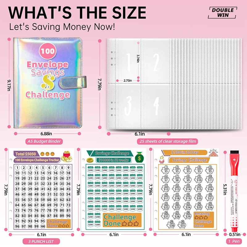 Custom Logo A5 A6 Pu Leather 100 Days Book Envelope Savings Challenge 5050 Money Ring Budget Binder