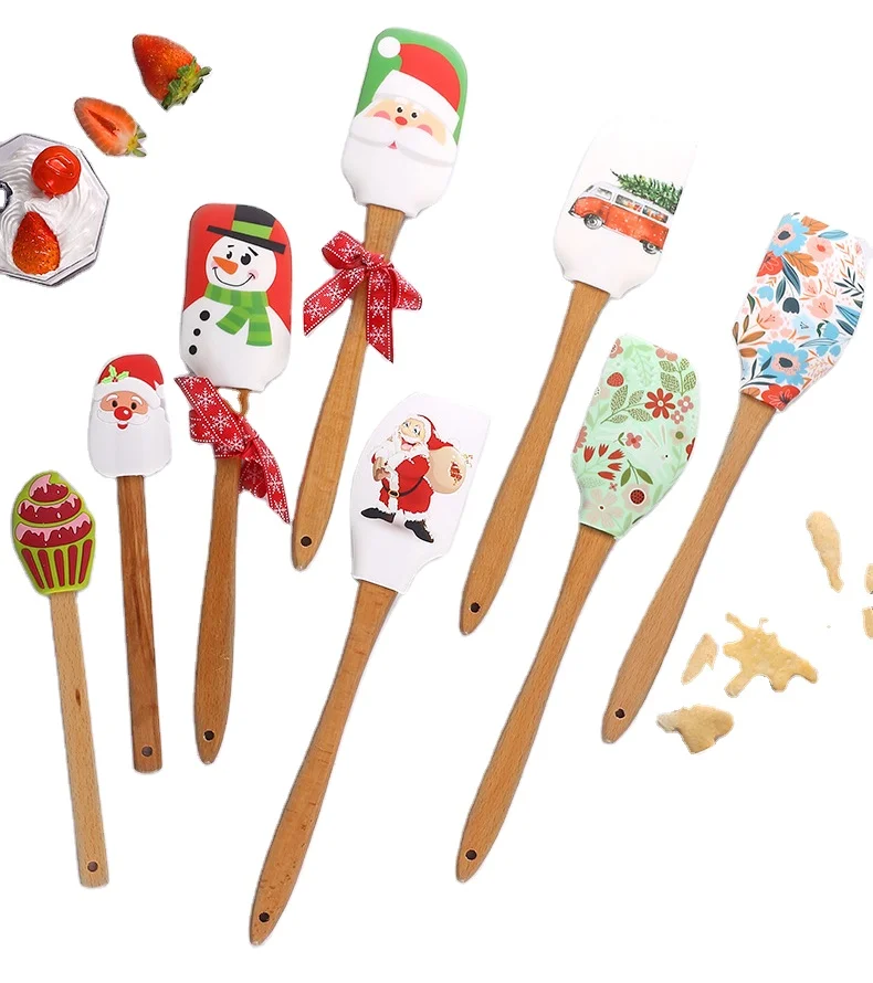 Factory Supplies Custom Silicone Cooking Baking Pastry Cake Christmas Wooden Spatula