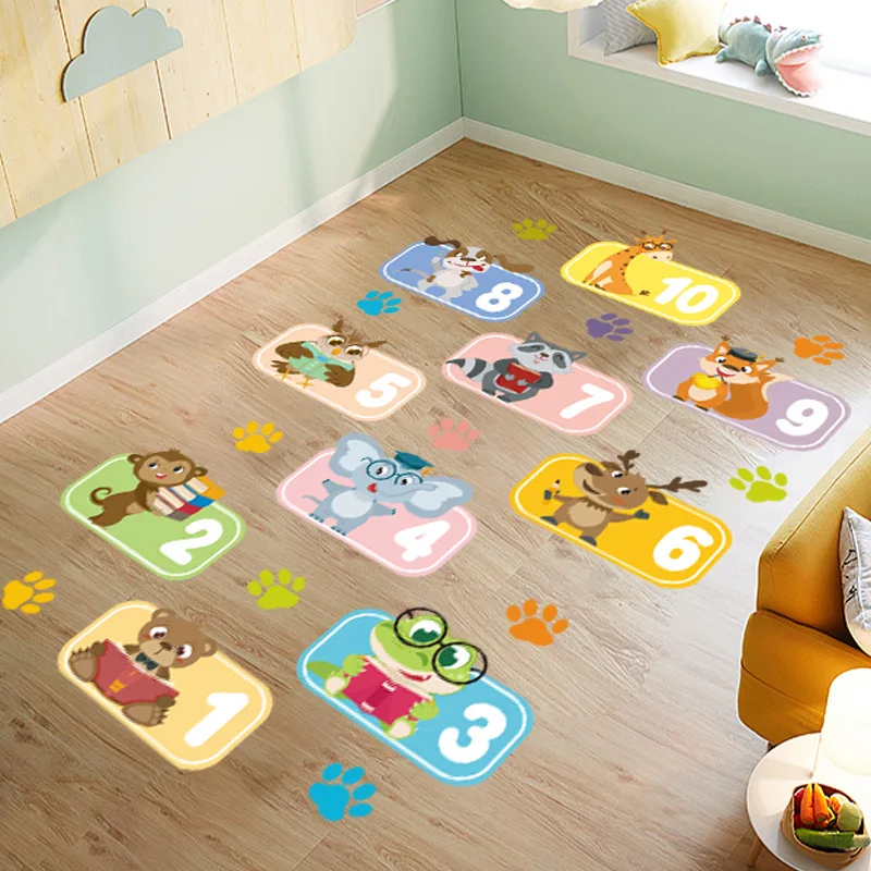 2024 hot Cartoon Animal Digital Hopscotch kindergarten school 3d numbers wall and Game floor decoration stickers