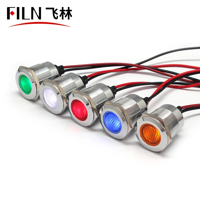 22mm indicator light FILIN 6v 12v 36v 110v yellow green blue white led metal pilot lamp with 10cm wires