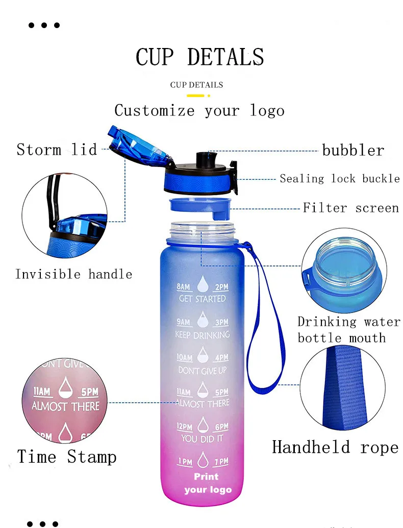 Top Seller Plastic Water Jug Bottle Custom LOGO 1050ml Motivational Tritan 1L Sports Tritan Water Bottle