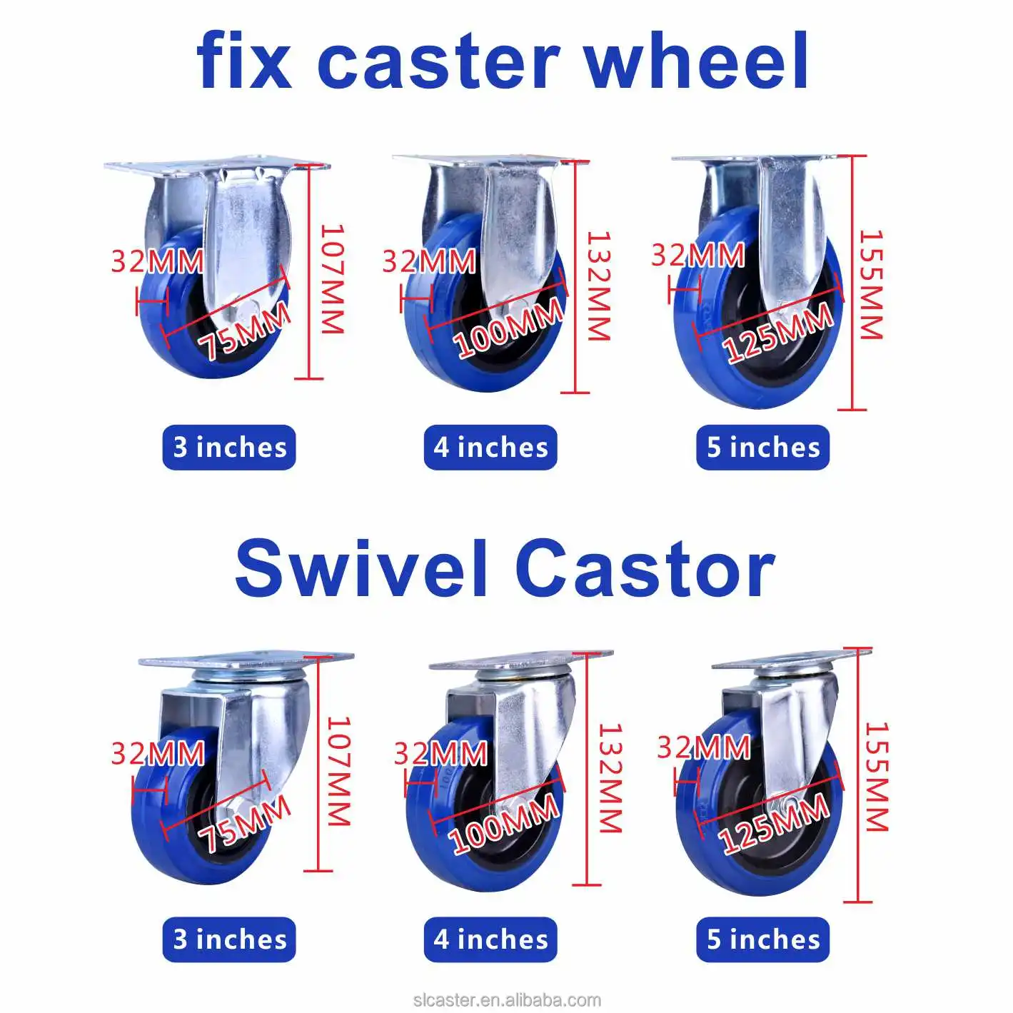 3 4 5 inch Blue Rubber Caster steering wheel with brake