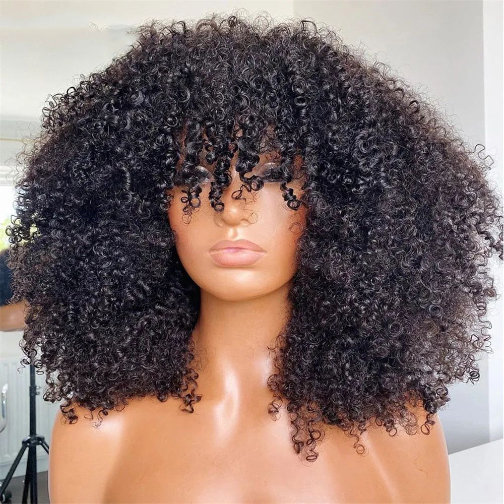 Fuxin Hair Afro Kinky Curly Bob Human Hair Wig With Bangs Short Bob 4X4 5X5 Lace Closure Wigs