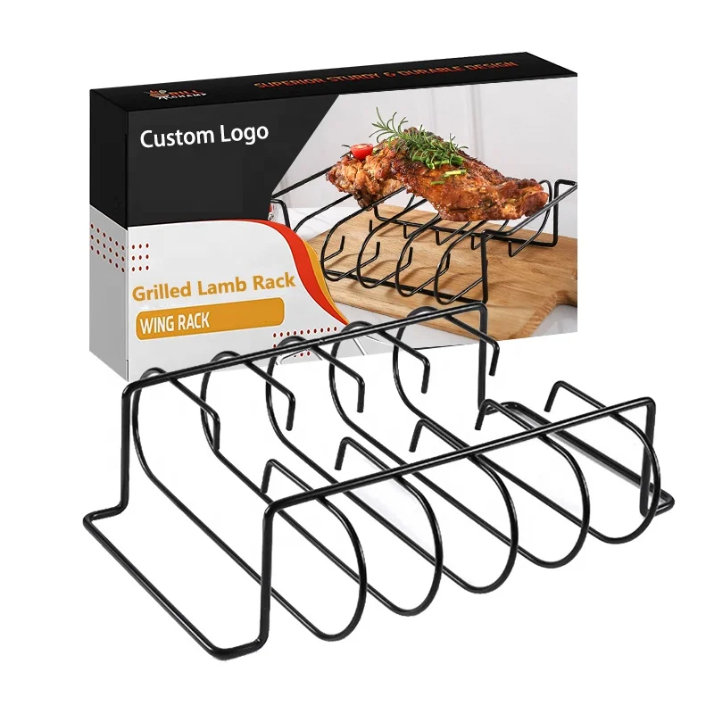Barbecue Grilling High carbon Holds 4 Smoker Black Non Stick Iron Standing Roasting Lamb Rack