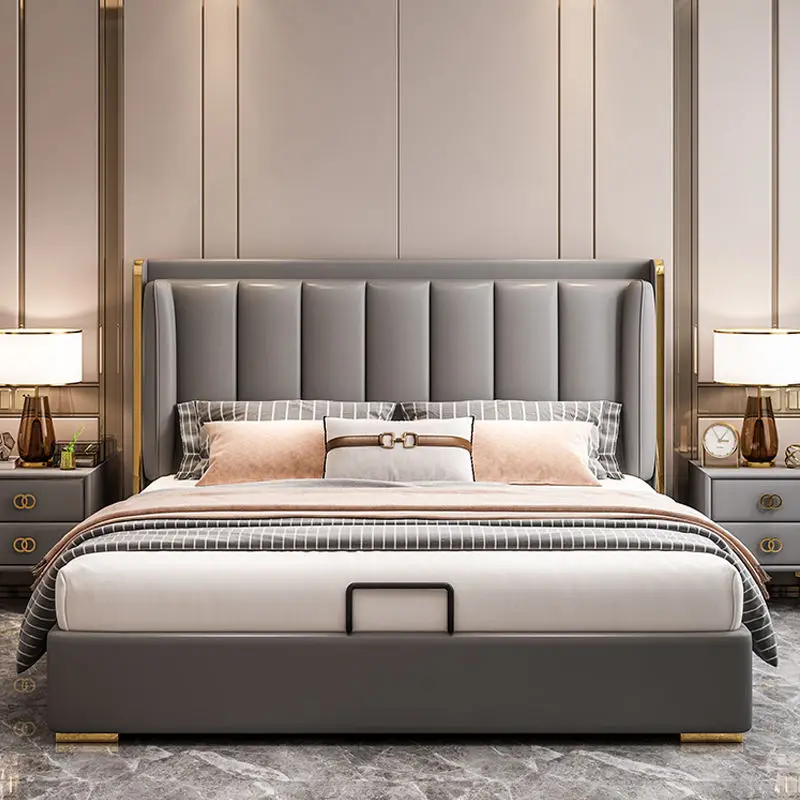 Bedroom Furniture Upholstered Smart Bed Set King Size Modern Double Leather Bed