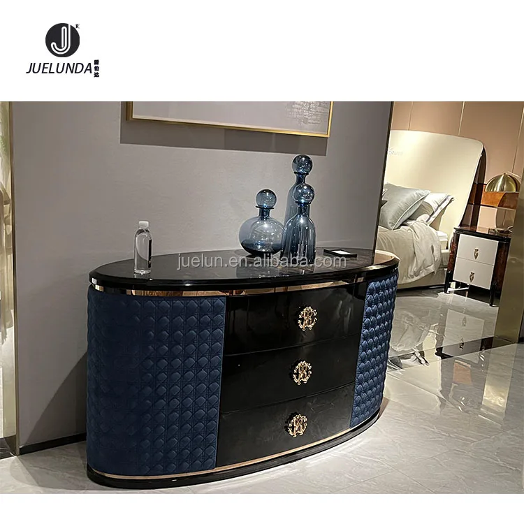 Modern Drawer Unit Upholstered Storage Chest High Glossy Wooden Veneer Side Board Blue Hotel Buffet Table
