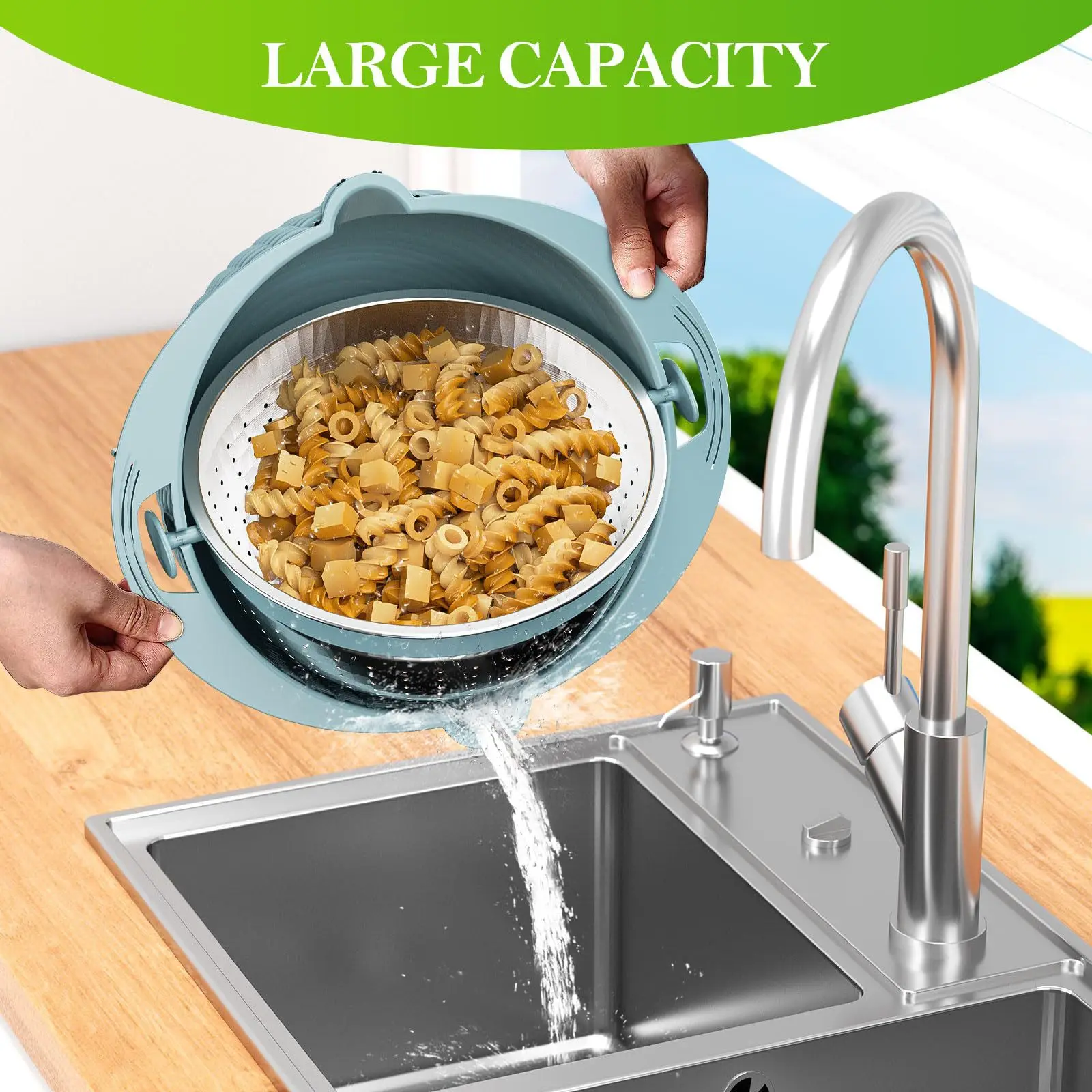 Household Rotatable Double-layer Vegetable Washing and Draining Basket Stainless Steel Water Filter Basin Set of 6