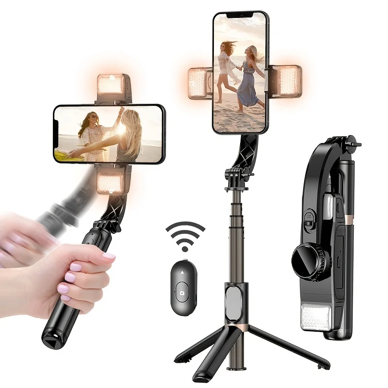 360 Rotation Gimbal Stabilizer Tripod Stand Smart Selfie Stick Mobile Phone Mount With 2 Led Fill Light Remote Control 3 In 1
