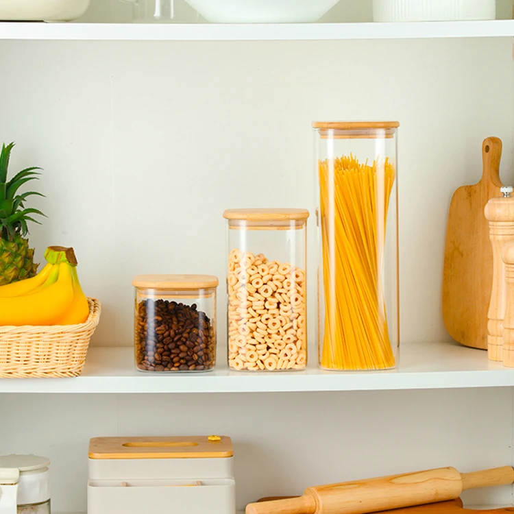 custom high borosilicate glass food storage jars containers bamboo lids kitchen canister with wooden lids set