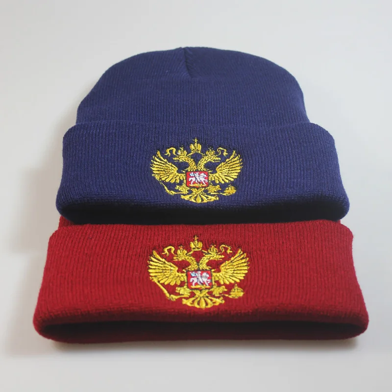 Popular Russia National Emblem Badge Embroidery Knitted Hat Sleeve Cap Autumn Winter Warm Hat Cold Beanie
