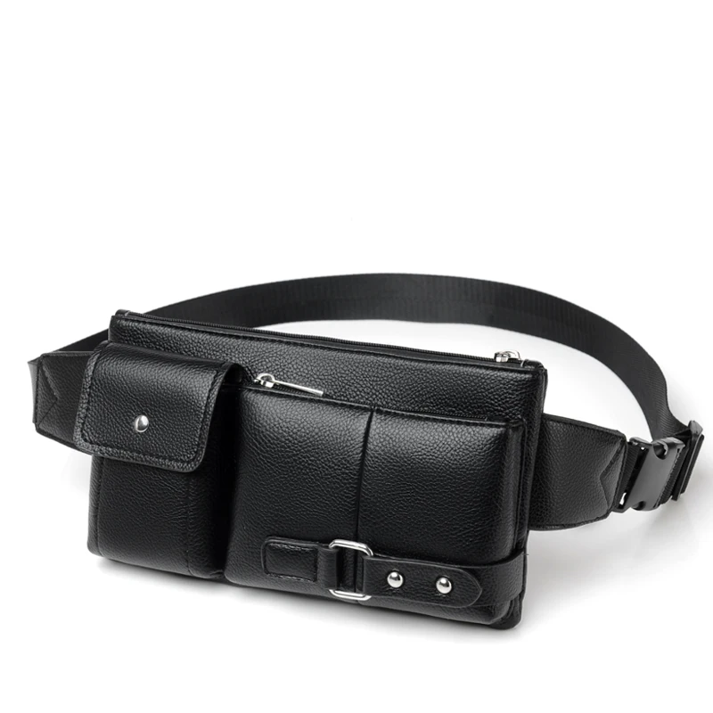 Wholesale waterproof pu leather custom belt pack business phone pouch with multi pockets waist bag men