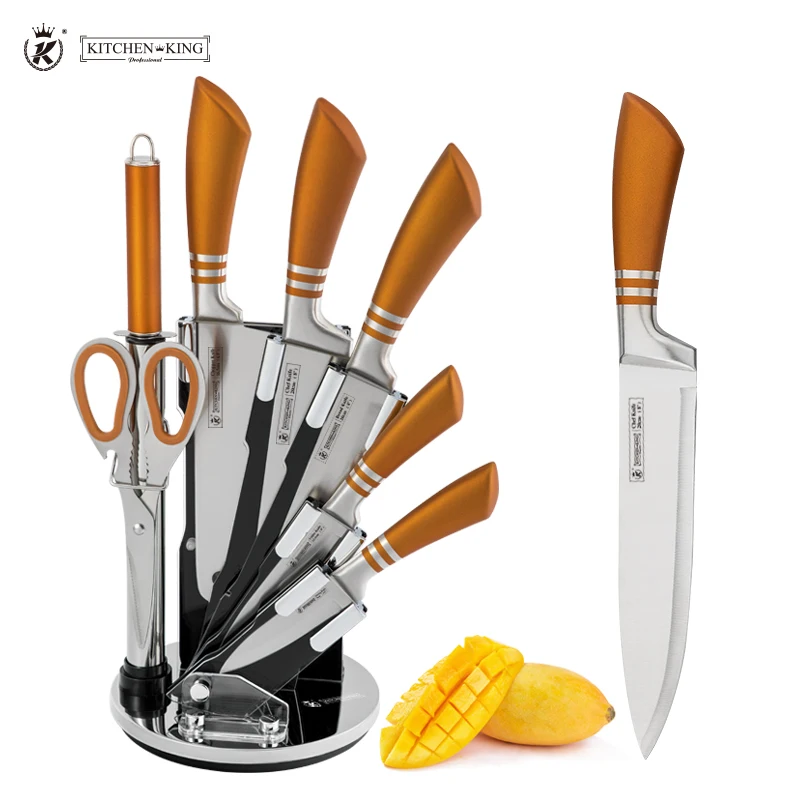 Kitchen King 9 pcs Utility Chef Kitchen Knife Set Luxury gold coated handle with Chopper/Cleaver with acrylic block