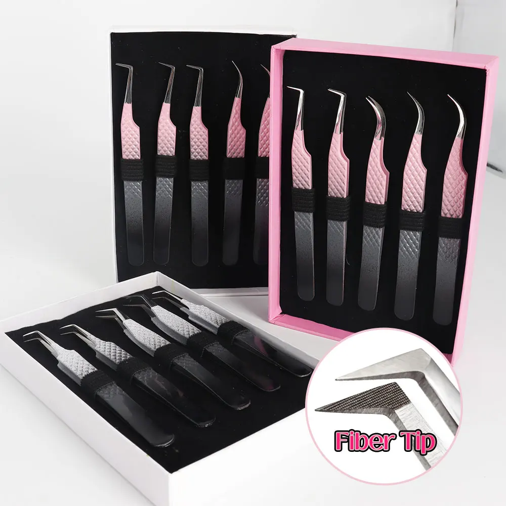 Pink Fiber Tip Tweezers Stainless Steel Volume Diy Cluster Lash Extension Tweezers Eyelash Tweezer Set With Fiber Grip