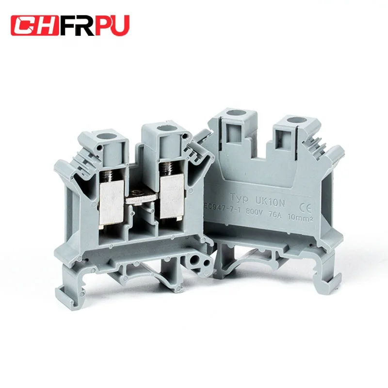 CHFRPU UK10N 10mm2 DIN Rail Screw Terminal Block Brass Conductor Saddle Terminal Board Cable Connector Lugs Power Connector