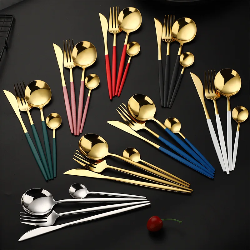 Amazon gold and green cutlery set with black Stainless Steel Fork Spoon Knife Restaurant Gold Flatware Utensils Wedding Cutlery