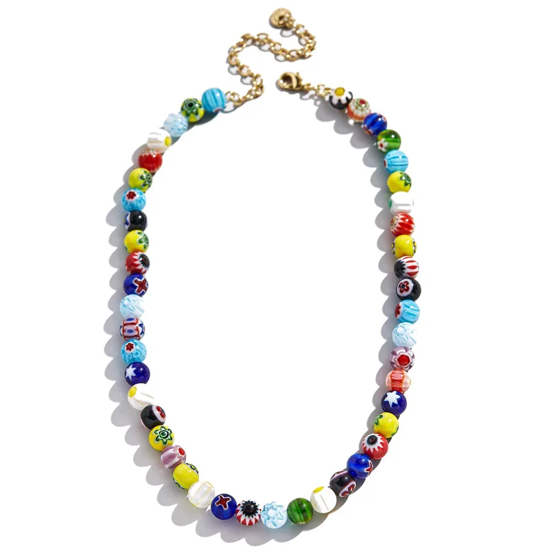 2020 Hot Accessories Beach Natural Stone Necklace Flower Color Glass Bead Long Sweater Chain Necklace