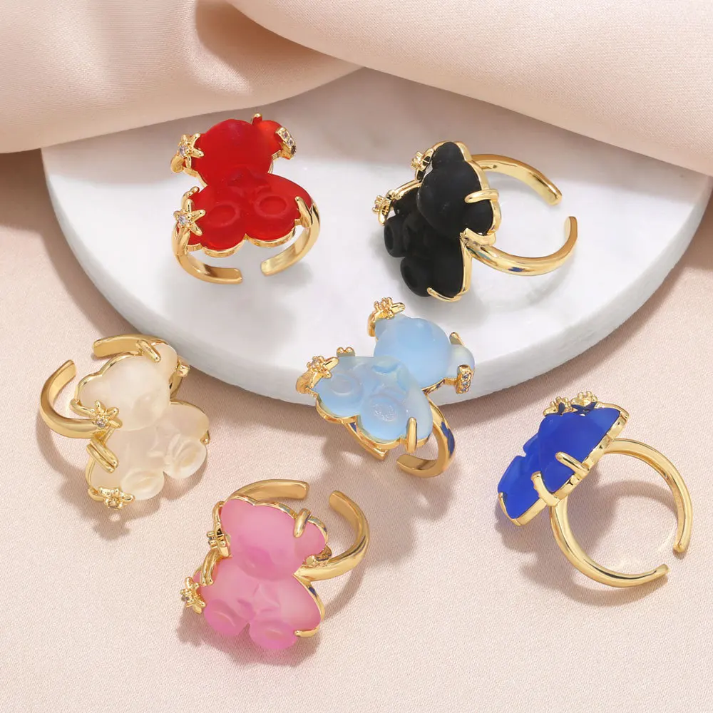 Wholesale Fashion Jewelry Free Size Gold Plated Animal Ring Women Resin Cute Bear Adjustable Ring