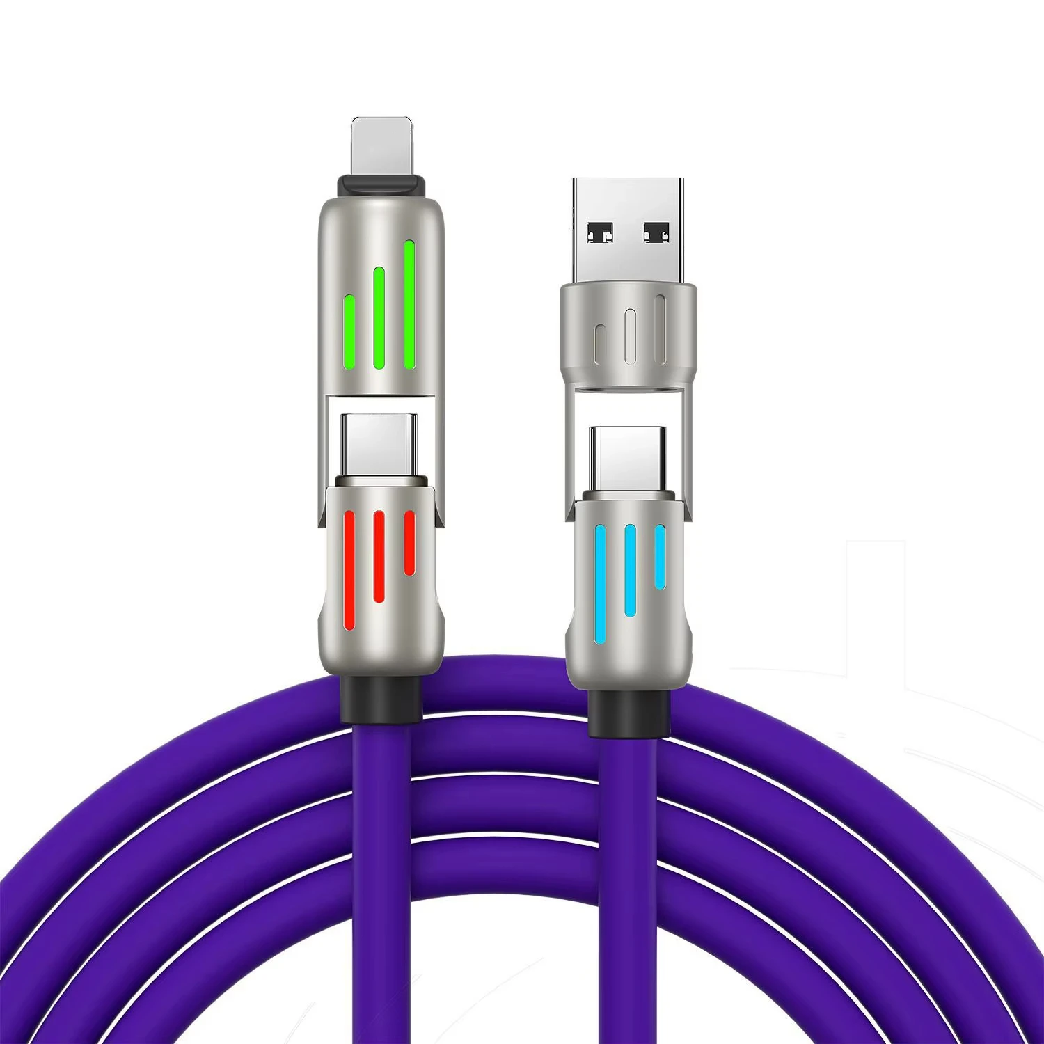 HYTO Zinc Alloy USB-C 4 in 1 240w Fast Charging Cable for iPhone Usb Type C Cable RGB Light For iPhone Xiaomi Samsung Oneplus