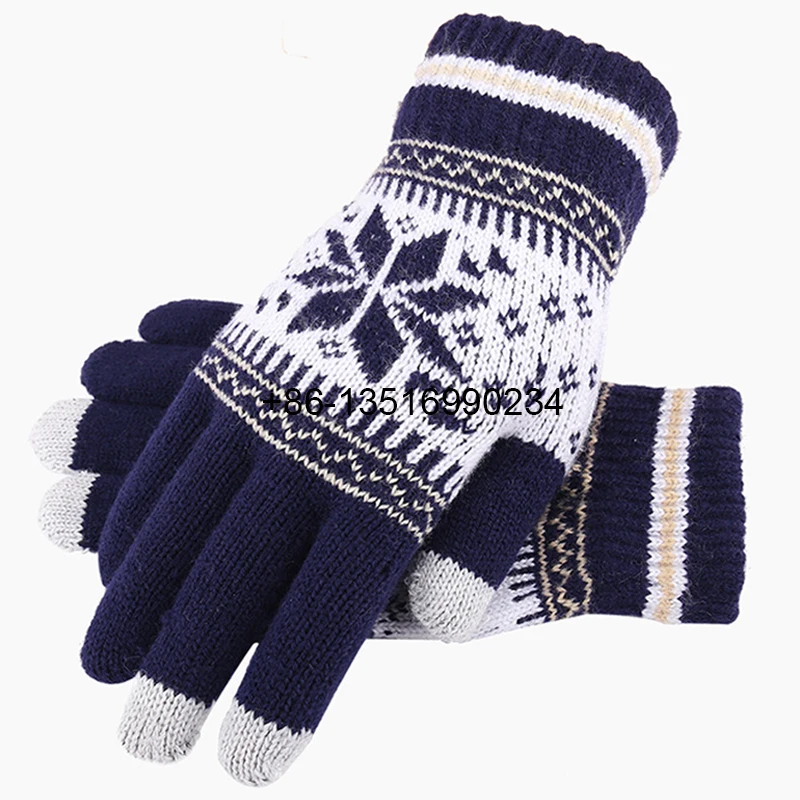 Drop shipping cashmere brushed knitted gloves lady jacquard touch screen gloves keep warm winter gloves mittens for retails