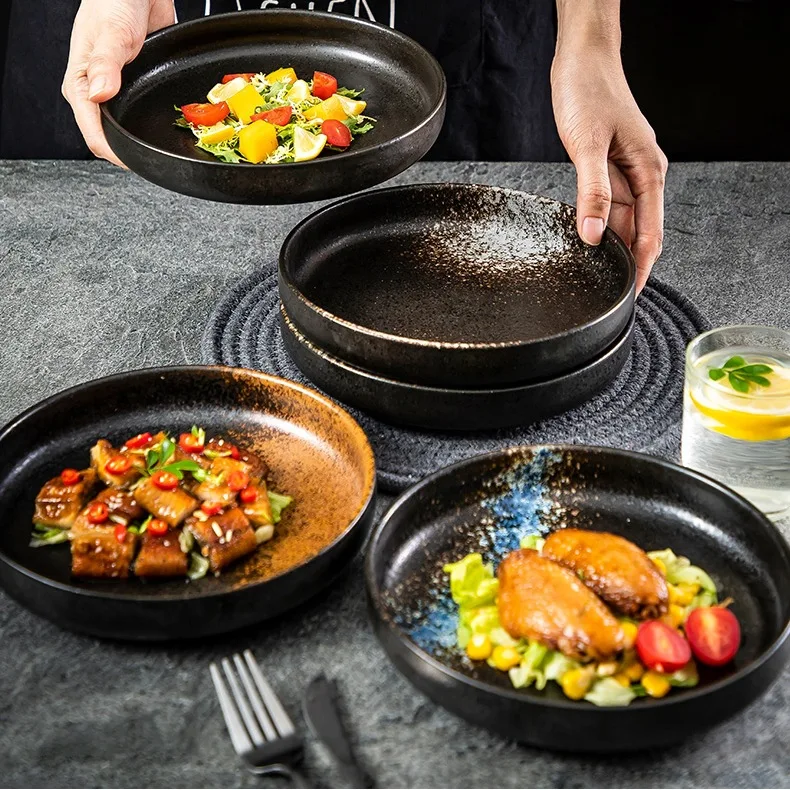 Factory Wholesale Custom Logo 8inch Shallow Bowl Dishes Round Japanese Retro Ceramic Sala Plate Sushi Dish For Restaurant