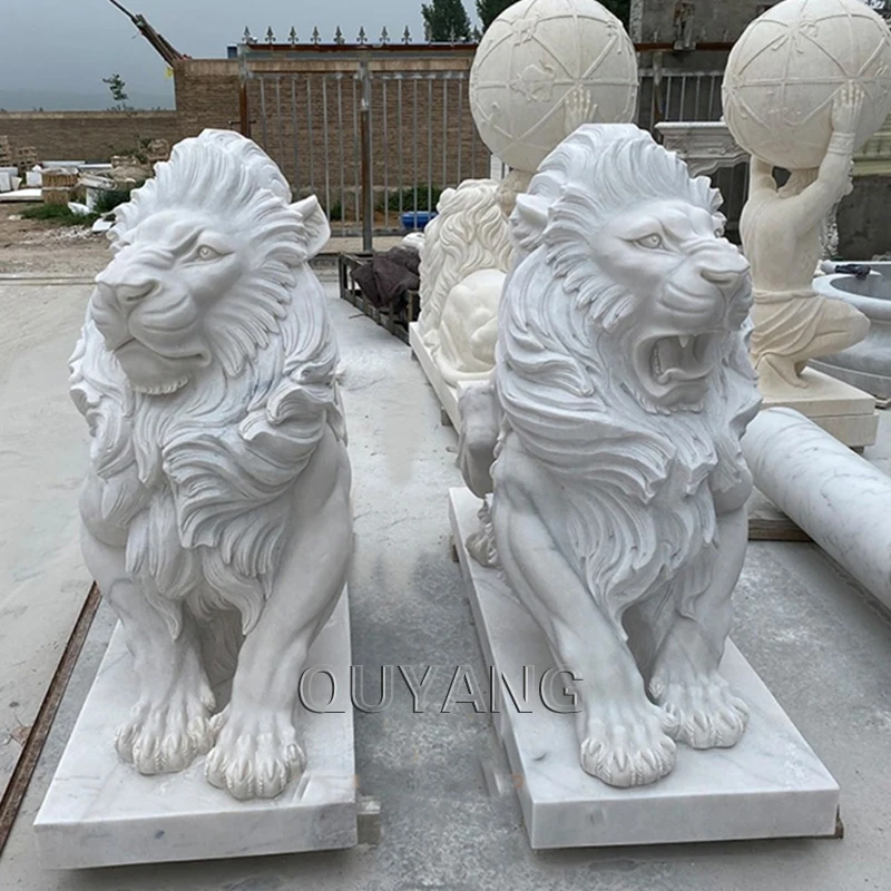 QUYANG Life Size Hand Carved White Marble Animal Sculpture Stone Carving Resting Lion Statue