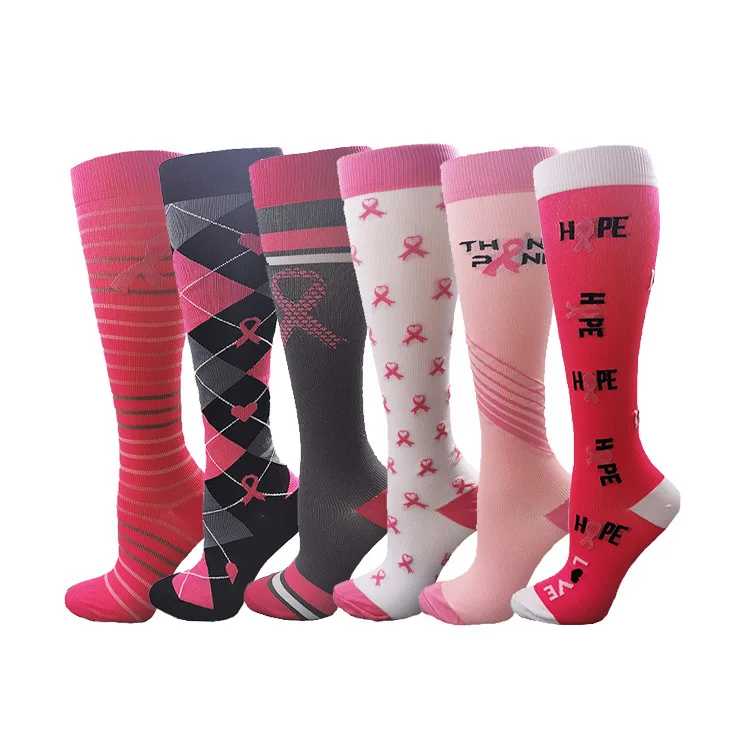 Custom nylon 15-20 mmhg ribbon pink long football socks women breast cancer awareness compression socks