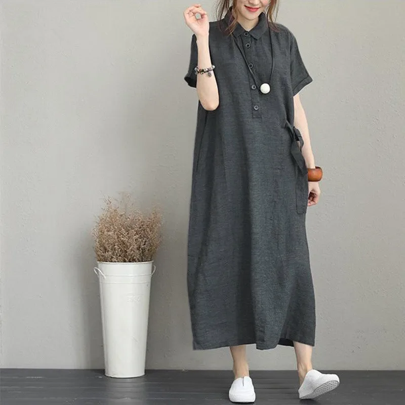 Ladies Solid Color Cotton and linen casual loose Sexy Women Dresses Women Summer Female Clothes Long Dresses