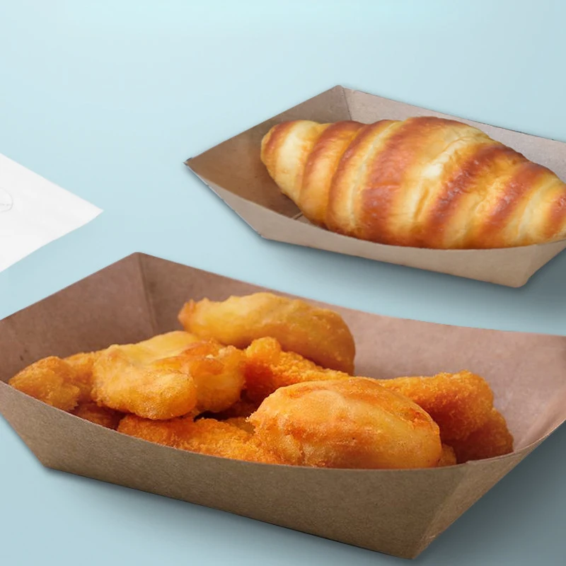 Eco-friendly Disposable Waterproof Fried Chicken Kraft Paper Boat Tray Deli Fast Packaging Paper Food Trays