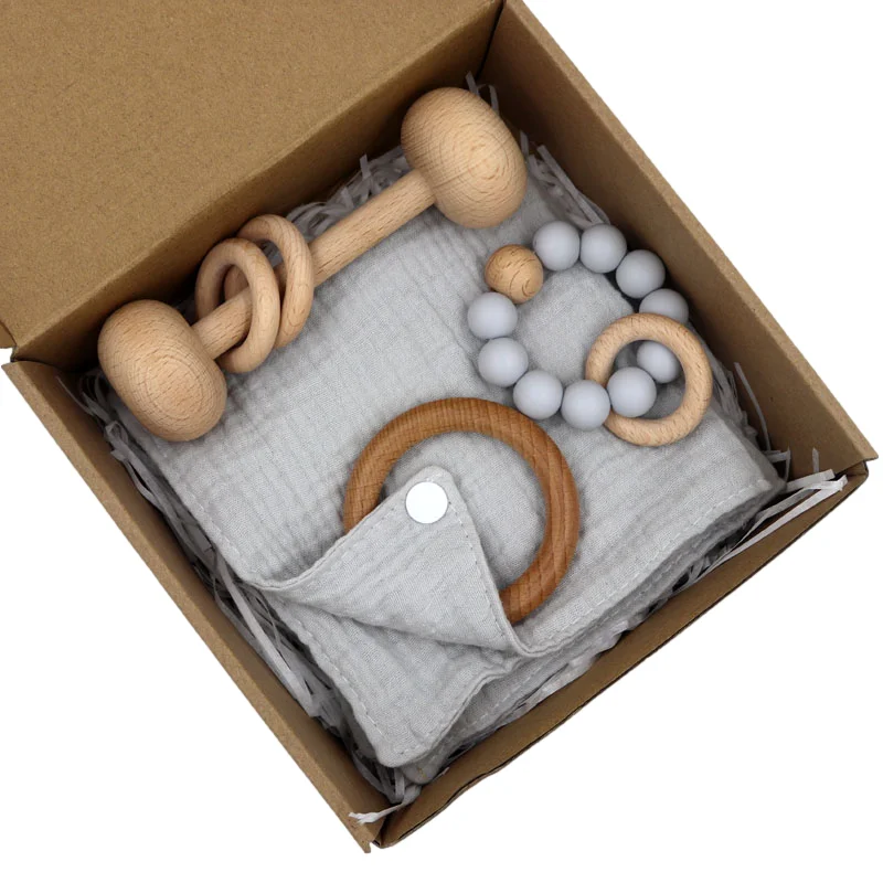  baby wooden rattle toys 100% Cotton Comforter towel teether silicone pacifier chain gift