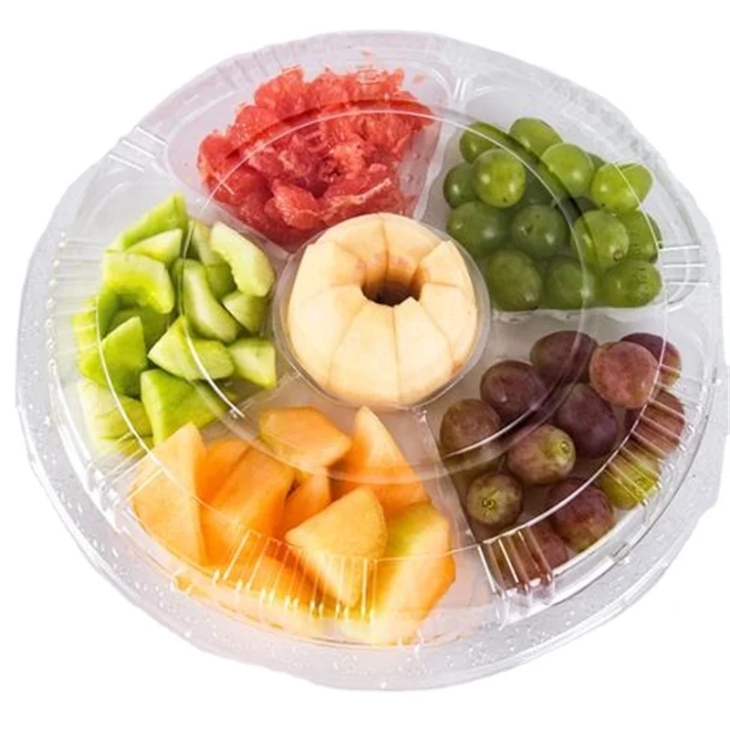 6 Compartment Fruit Food Container 12.6 Inch Round Plastic Appetizer Tray with Lid