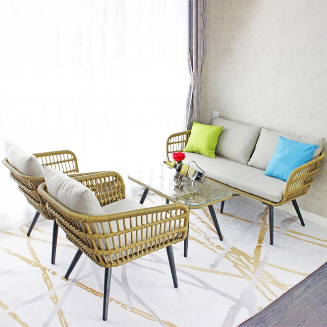 4 Pieces Rattan Outdoor Patio Chairs with Coffee Table&Cushions, All-Weather Rattan Outdoor Sofa, Outdoor Rattan Sofa Set