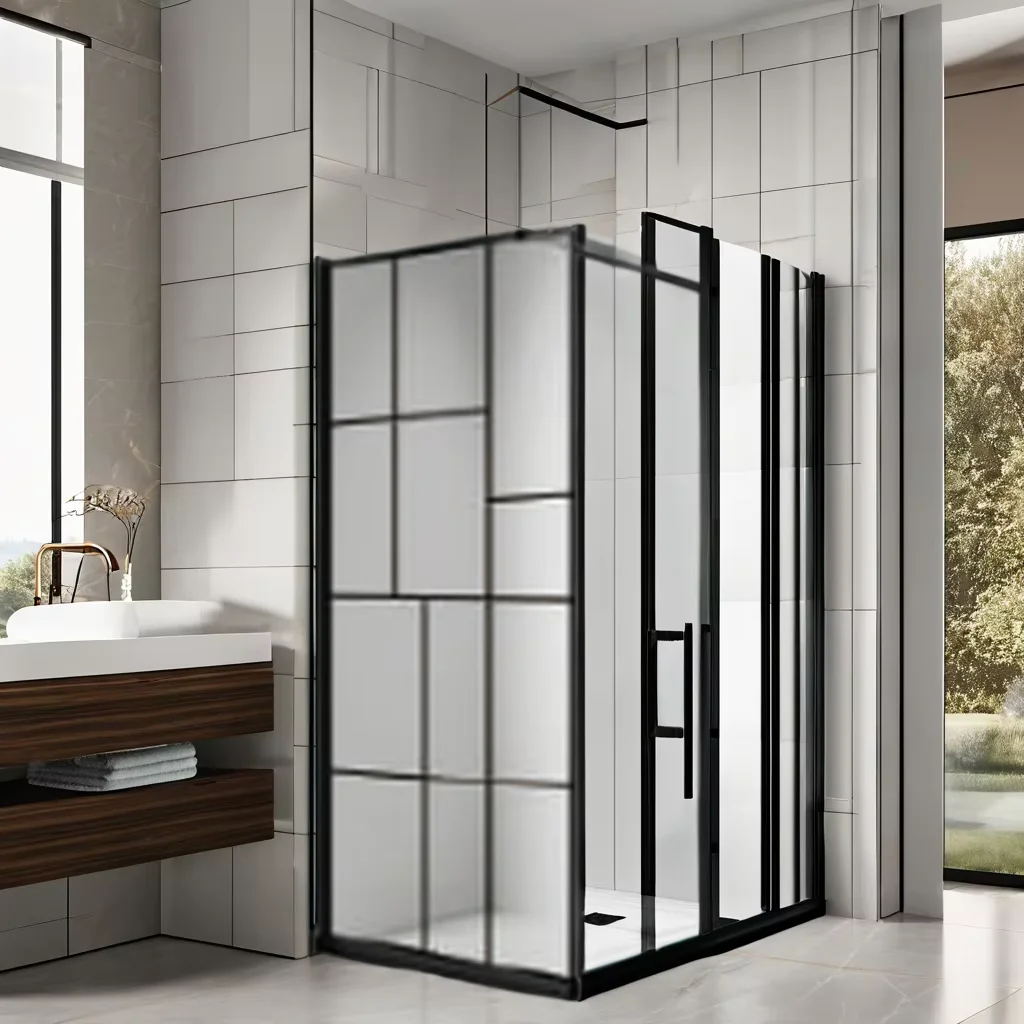 Transparent 6mm Tempered Glass with Silk Print Black Stainless Steel Support Bar for Shower Door Black Aluminum Alloy Profile