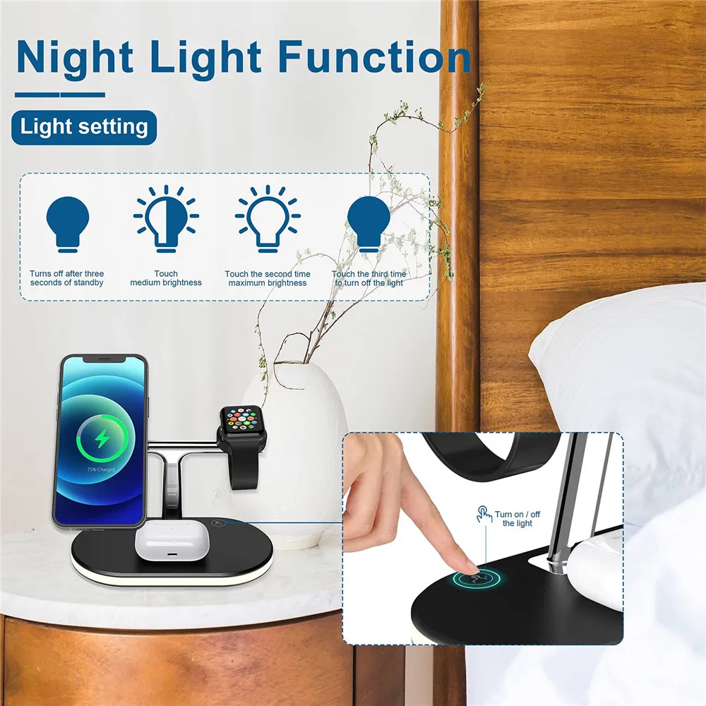 Detachable Wireless Charging Station with Touch On/Off Lamp Max 30W  3 in 1 Magnetic Wireless Charger
